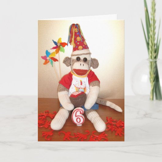 Ernie de Sock Monkey 6e Verjaardag Kaart (Voorkant)