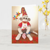 Ernie de Sock Monkey 6e Verjaardag Kaart (Gele Bloem)