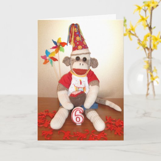 Ernie de Sock Monkey 6e Verjaardag Kaart (Gele Bloem)