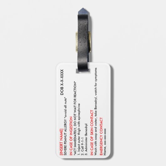 Ernstige Allergie-ID en ICE-Label Bagagelabel (Achterkant verticaal)