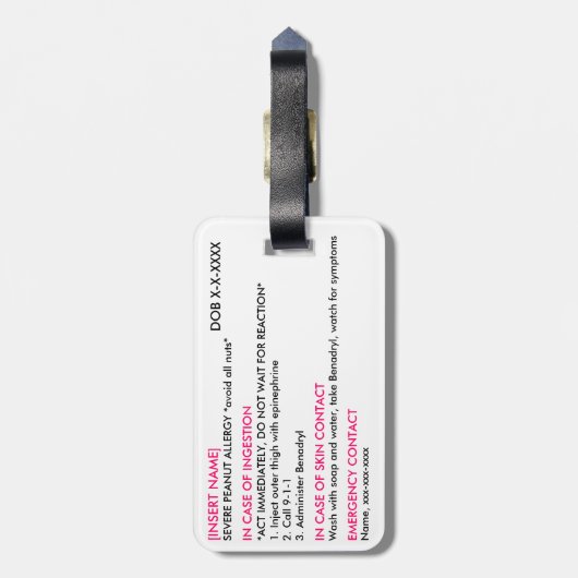 Ernstige Allergie-ID en ICE-Label Bagagelabel (Achterkant verticaal)