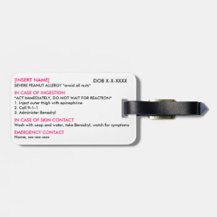 Ernstige Allergie-ID en ICE-Label Bagagelabel