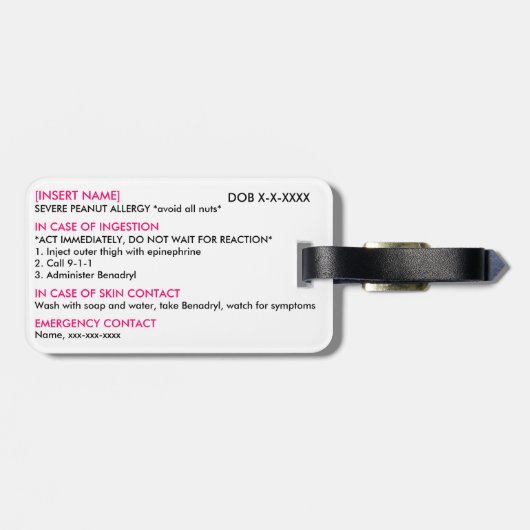 Ernstige Allergie-ID en ICE-Label Bagagelabel (Achterkant horizontaal)