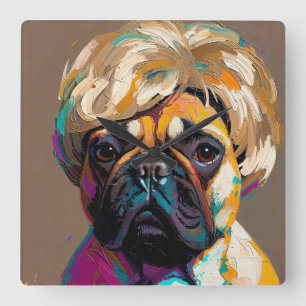 Ernstige hond olieverfschilderij (#2) vierkante klok
