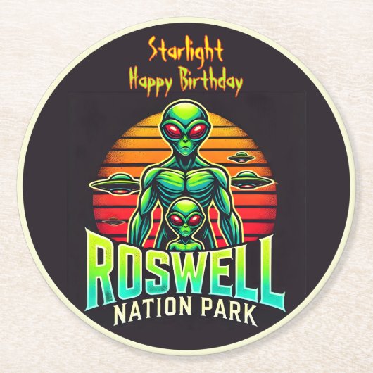 Ervaar het Cosmic Adventure Park van Roswell! Ronde Kartonnen Onderzetter (Voorkant)