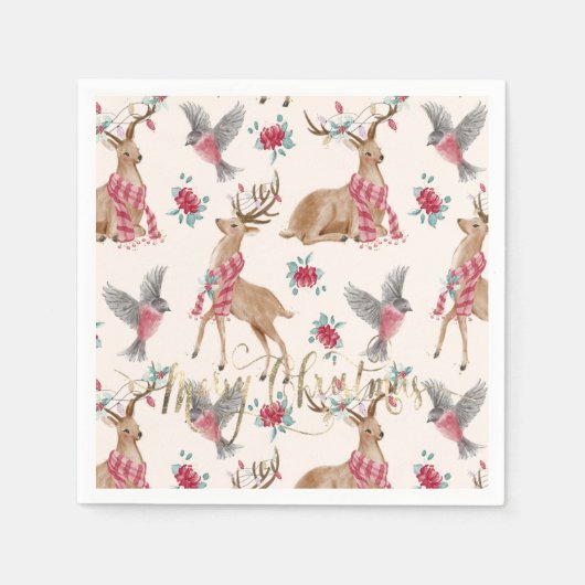 Ervaar reindeers, birds, flowers servet (Voorkant)