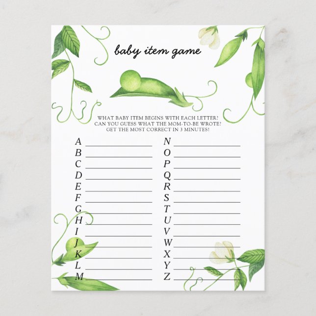 Erwt Baby Artikel Spel. Baby Shower Spel (Voorkant)