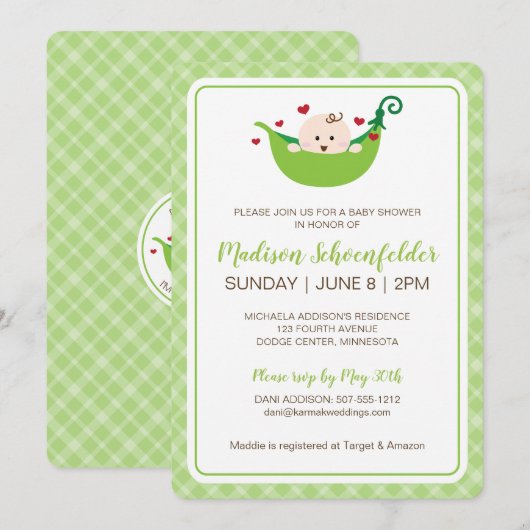 Erwt in het Pod Baby shower Invitation (neutraal) Kaart (Voorkant / Achterkant)