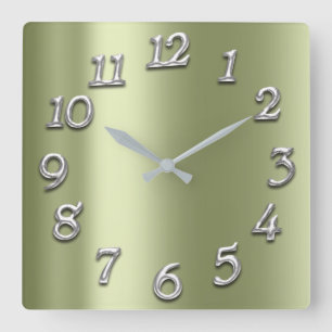 Erwten Groen Metallic Arabisch Nummers Zilver Grij Vierkante Klok