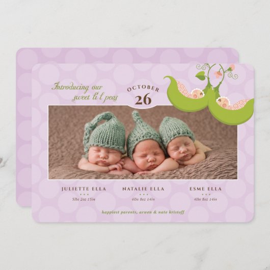 Erwten in een peul Alle Triplets Geboortedatum Kaart (Voorkant / Achterkant)