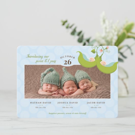 Erwten in een pod Alle jongens Triplets Geboorteda Kaart (Staand voorkant)