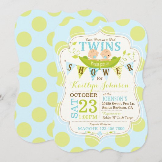 Erwten in een Pod Twins Baby shower Invitation Kaart (Voorkant / Achterkant)