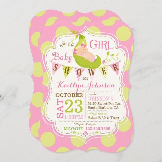 Erwten in een uitnodiging voor een Baby shower van (Voorkant / Achterkant)