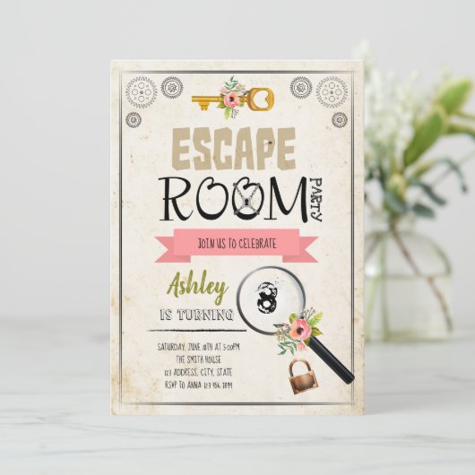 Escape room meisje uitnodiging (Staand voorkant)