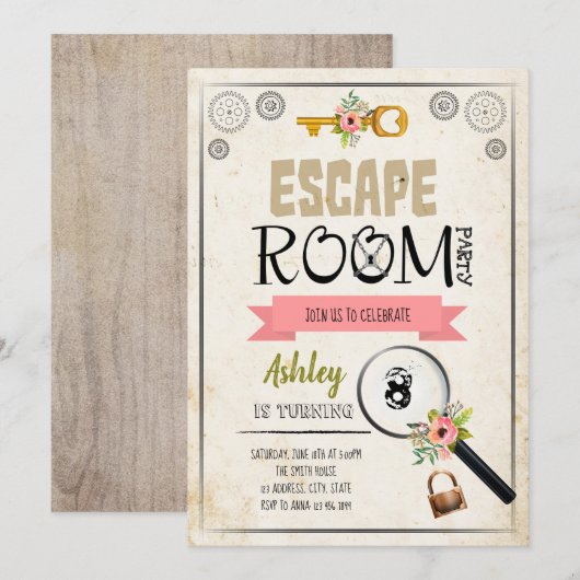 Escape room meisje uitnodiging (Voorkant / Achterkant)