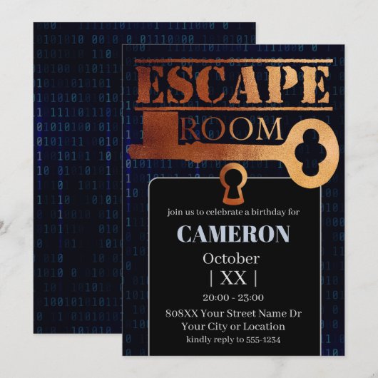 Escape Room Party Lock en Key Binary Code Zwart Kaart (Voorkant / Achterkant)
