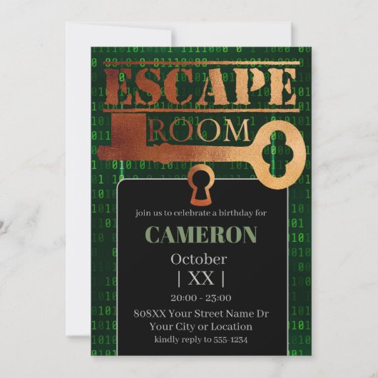 Escape Room Party Lock en Key Green Binaire Code Kaart (Voorkant)