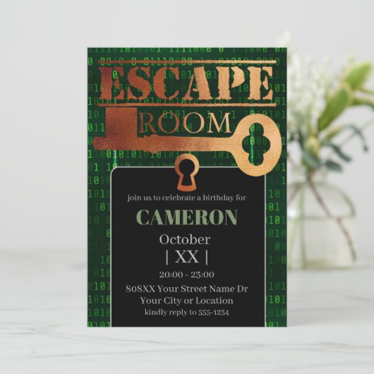 Escape Room Party Lock en Key Green Binaire Code Kaart (Staand voorkant)