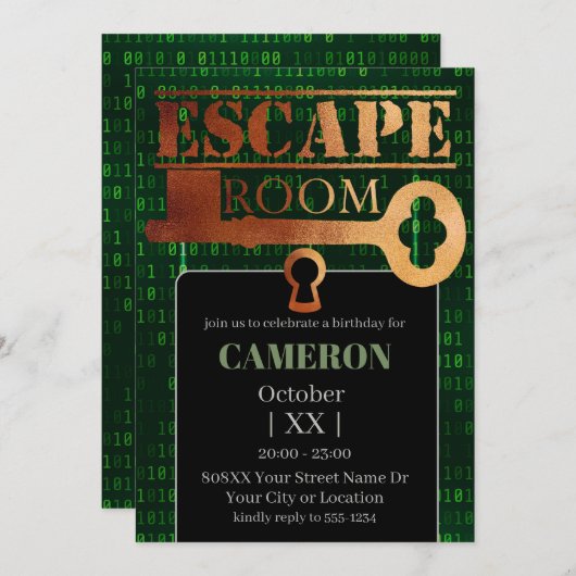 Escape Room Party Lock en Key Green Binaire Code Kaart (Voorkant / Achterkant)