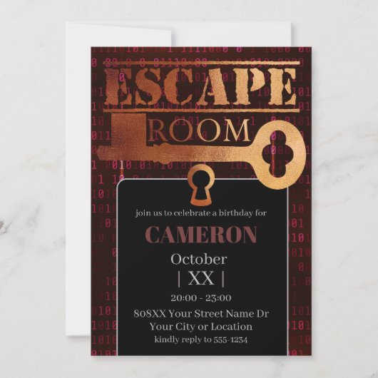 Escape Room Party Lock en Key Red Binary Code Kaart (Voorkant)
