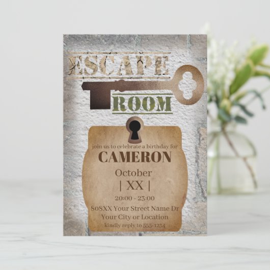 Escape Room Party Lock en sleutel beton en stenen Kaart (Staand voorkant)
