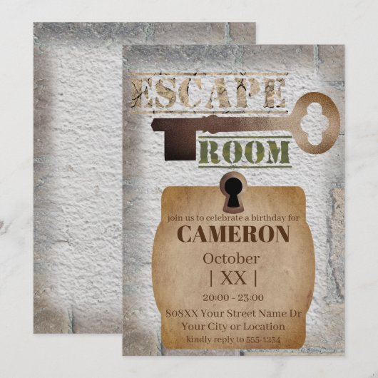 Escape Room Party Lock en sleutel beton en stenen Kaart (Voorkant / Achterkant)