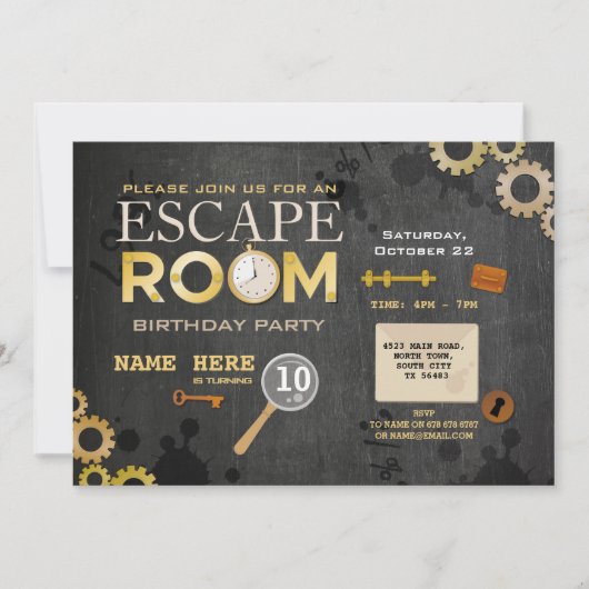 Escape Room Verjaardag Party Clues Cogs Keys Foto Kaart (Voorkant)
