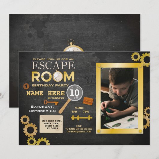 Escape Room Verjaardag Party Clues Uitnodiging Fot (Voorkant / Achterkant)