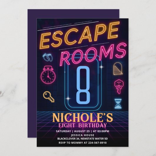 Escape Room Verjaardagsfeest Uitnodiging Sjabloon (Voorkant / Achterkant)