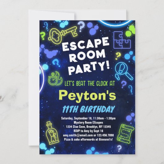 Escape Room Verjaardagsfeestuitnodiging Blauw Groe Kaart (Voorkant)