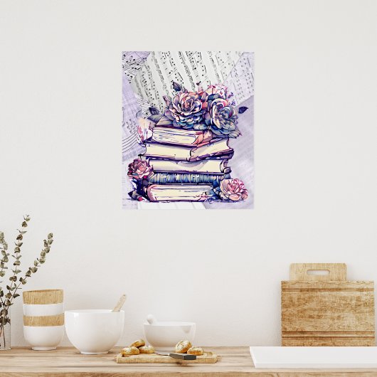Escape Stack van oude  boeken met Rozen Poster (Keuken)