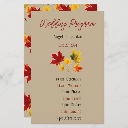  esdoornbladeren - bruiloft Programma Papieren Bla (Voorkant / Achterkant)