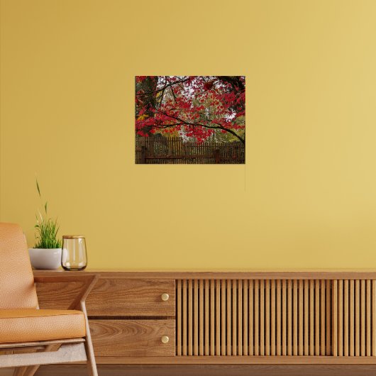 Esdoornbladeren en bamboehek foto poster (Woonkamer 2)