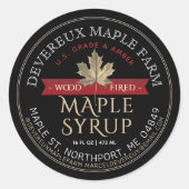 Esdoornsiroop hout gestookt rode banner gouden bla ronde sticker (Voorkant)