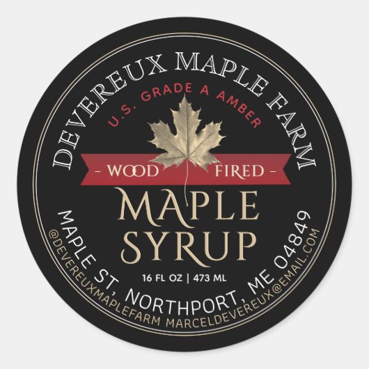 Esdoornsiroop hout gestookt rode banner gouden bla ronde sticker (Voorkant)