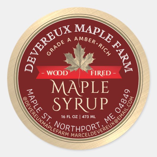 Esdoornsiroop hout gestookte rode banner gouden bl ronde sticker (Voorkant)