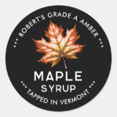 Esdoornsiroop inbliklabel met rood blad ronde sticker (Voorkant)