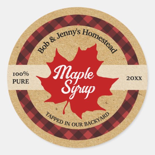 Esdoornsiroop Rode Blad Buffalo Plaid Kraft Ronde Sticker (Voorkant)