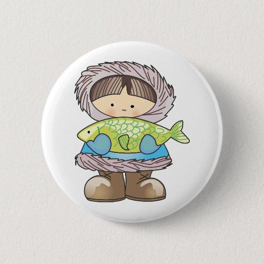 ESKIMO HOLDING FISH RONDE BUTTON 5,7 CM (Voorkant)