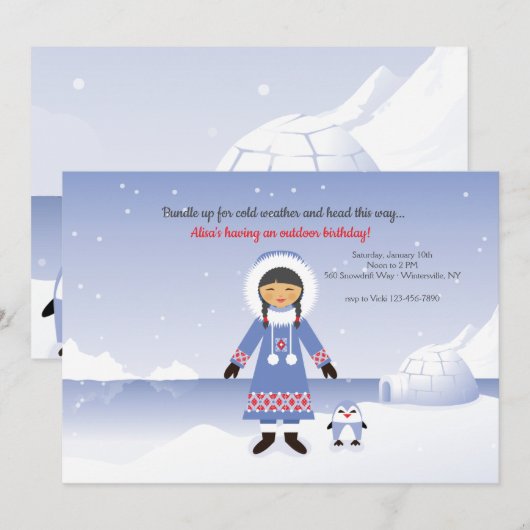 Eskimo meisje verjaardagsfeestje kaart (Voorkant / Achterkant)