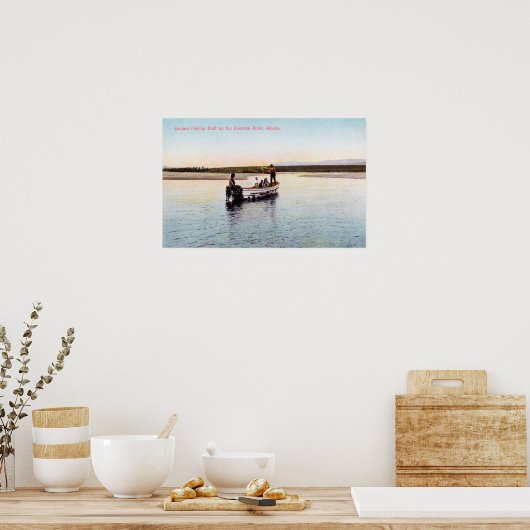 Eskimo Vist Boat op de rivier Poster (Keuken)