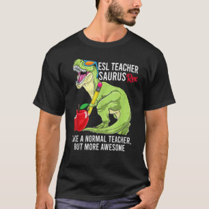 Esl-leraar Saurus Rex als normale leraar, maar als T-shirt