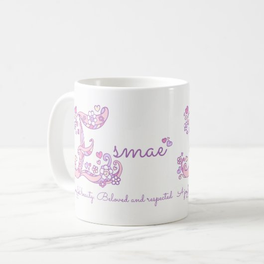 Esmae-naam betekent hartbloem E-monogram mok (Voorkant links)