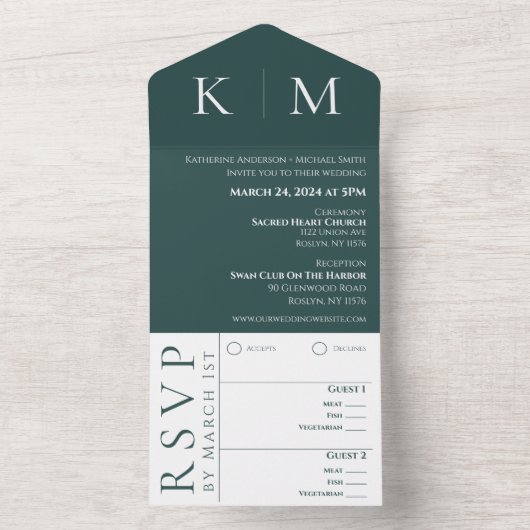 Esmerald Groen en Wit-Monogram-Bruiloft- All In One Uitnodiging (Binnen)