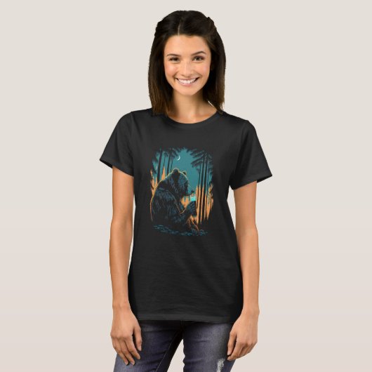 Esoteric Bear drinking Beer Night Forest 1 T-shirt (Voorkant volledig)
