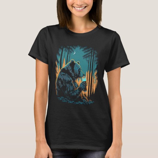 Esoteric Bear drinking Beer Night Forest T-shirt (Voorkant)