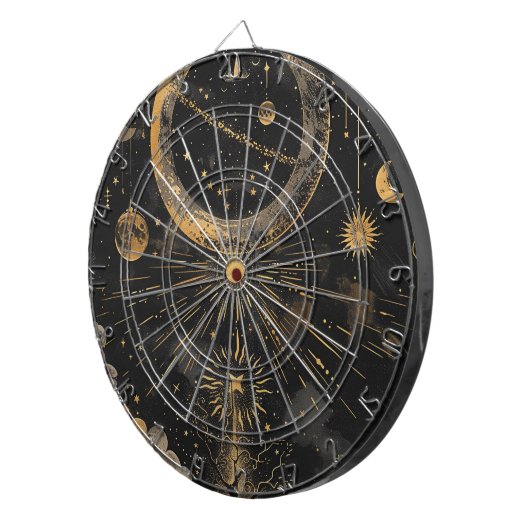 Esoterische nachtelijke hemel zwart en goud dartbord (Voorkant Rechts)