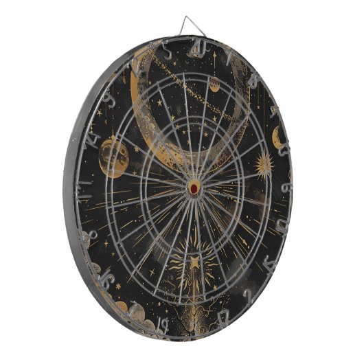 Esoterische nachtelijke hemel zwart en goud dartbord (Voorkant Links)
