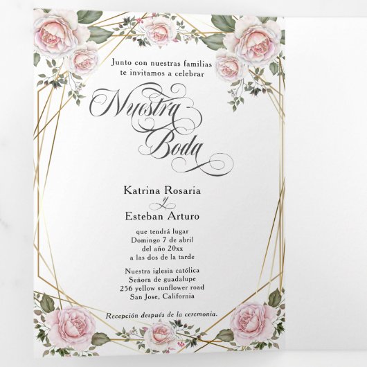 Español Engels Rosas Blush Roze Rozen Drieluik Uitnodiging (Binnenzijde eerst)