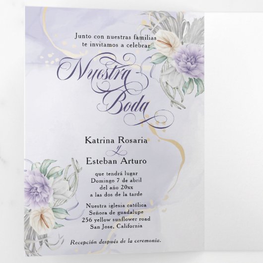 Español English Flores Lila Lila Flowers Drieluik Uitnodiging (Binnenzijde eerst)